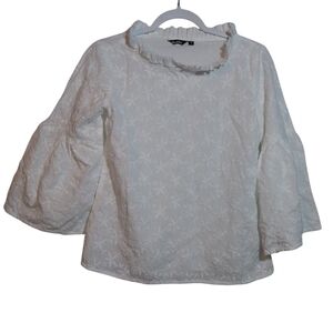 Zudio White Eyelet Ruffle Neck Bell Sleeve Blouse Top Contemporary Cottage Sz M